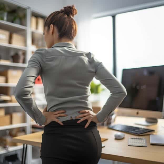 woman holding back, computer, books